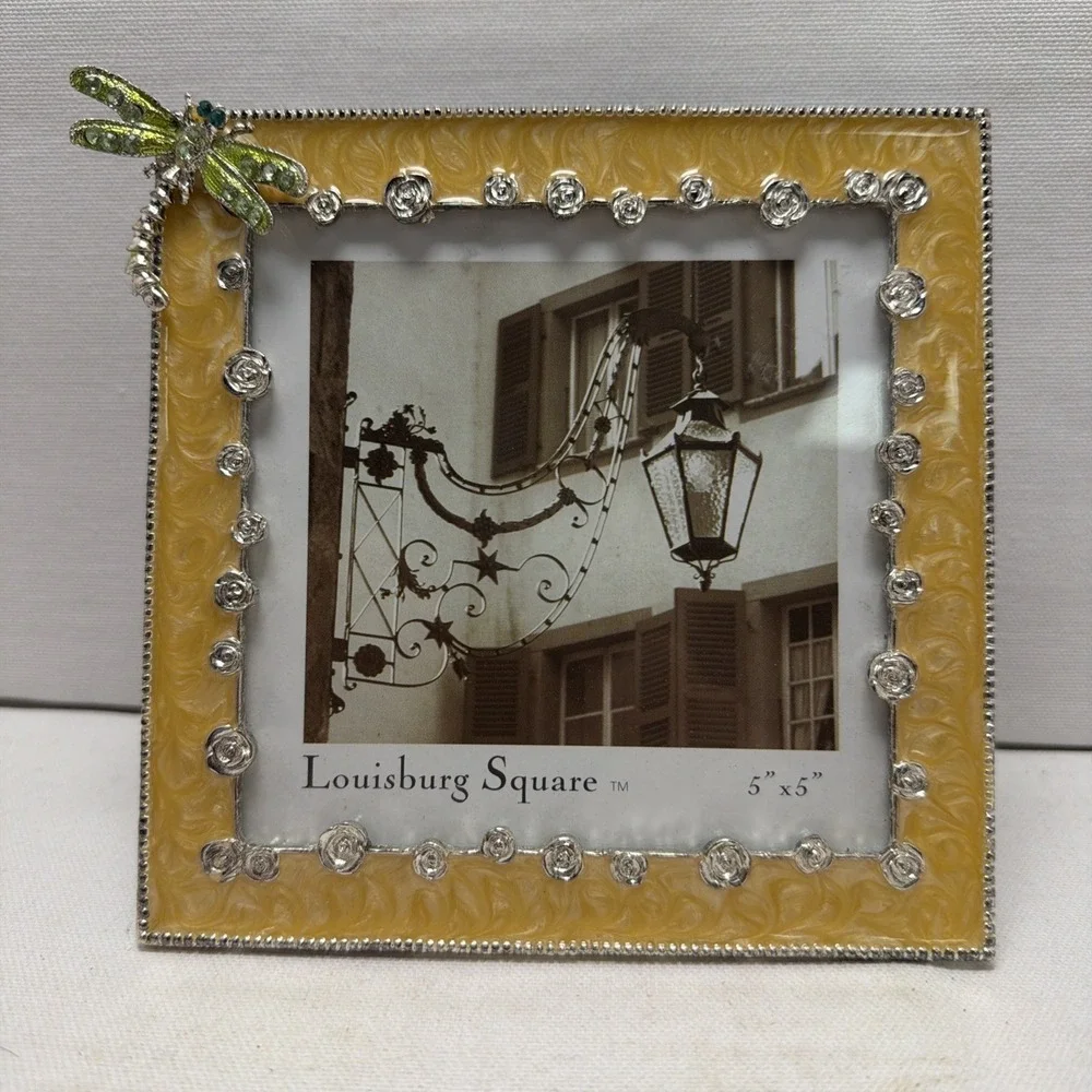 Yellow Swirl Enamel Silvertone Green Dragonfly Embellished Square Picture Frame